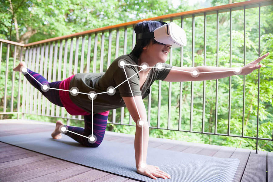 A person working out with an augmented reality overlay showing metrics.