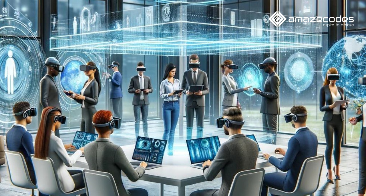 A virtual reality workspace showing remote collaborators.
